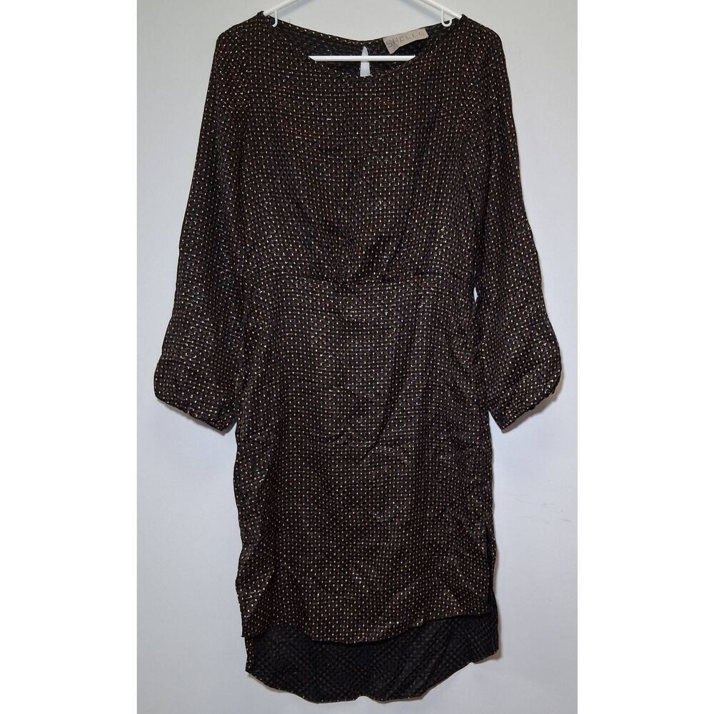Shelle womens small midi dress 90's vintage 100% silk black yellow swiss dots